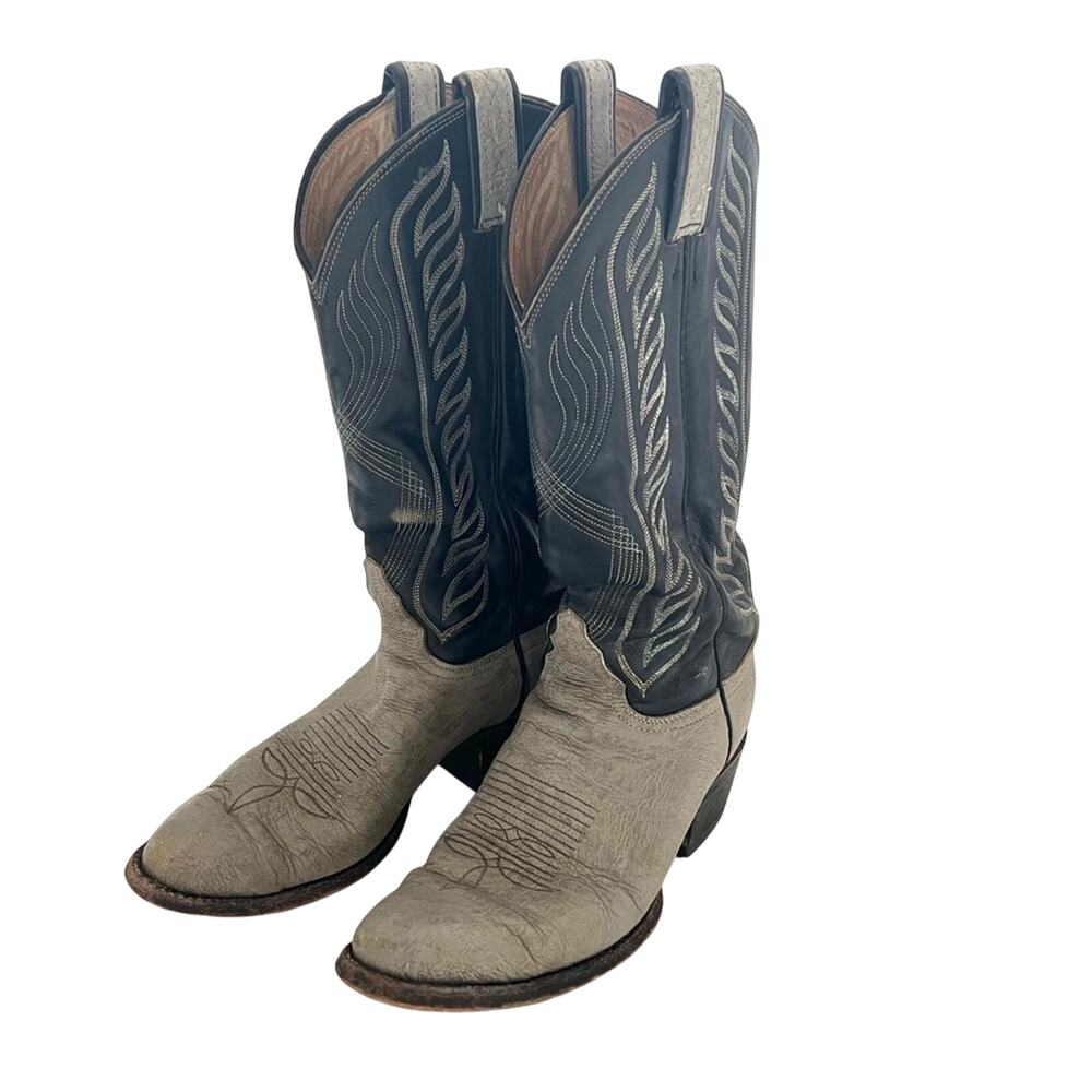Tony Lama Leather Cowboy Boots Grey & Blue/Black WOMENS sz 7B style 8056